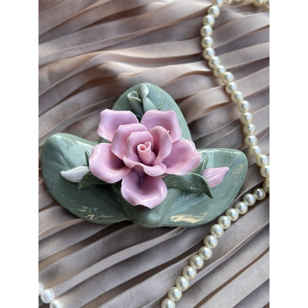 Beautiful vintage porcelain floral vanity decor piece featuring a soft pink Rose